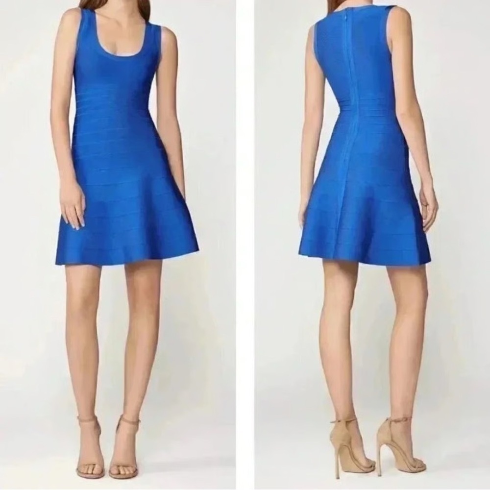 NWT Herve Leger Eva Fluted Scoop Neck Bandage Dress Bright Blue Sz XS